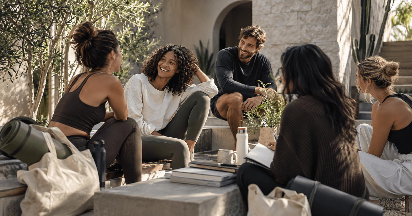 COTERY Club wellness community gathering in a sunny courtyard