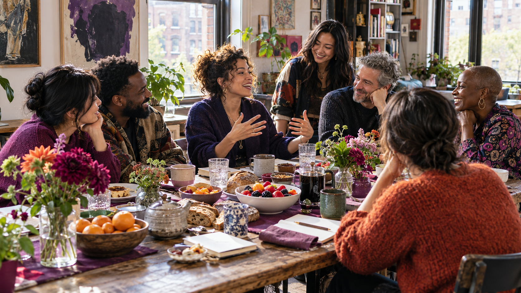 A diverse group sharing conversation around a community table