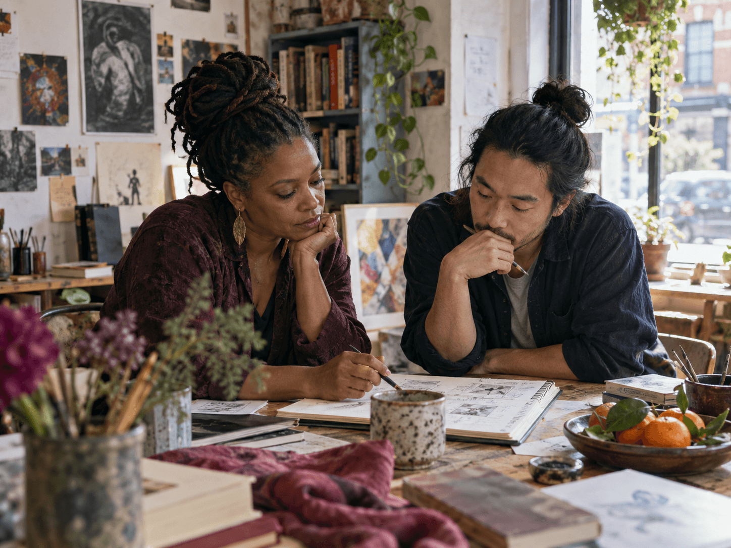 Two independent professionals reviewing a sketchbook in a neighborhood studio
